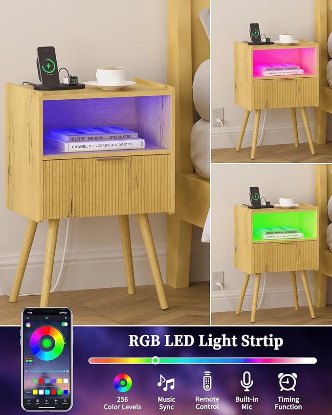 Nightstand, Modern Side Table with Charging Station and LED Lights