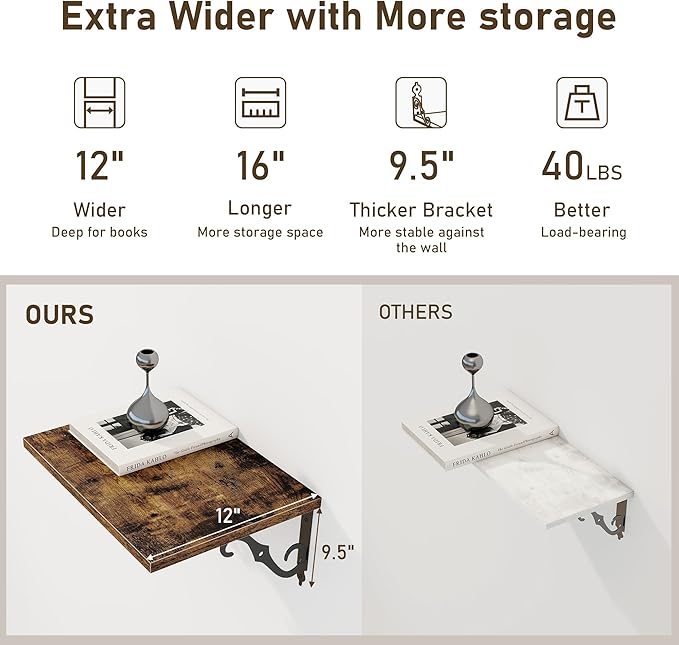 Deep Floating Shelves, 16" W x 12" D Wall Shelves Set of 2, Wide Display Shelf Wall Mounted with Brackets, Bookshelf for Living Room, Bathroom, Bedroom, Rustic Brown