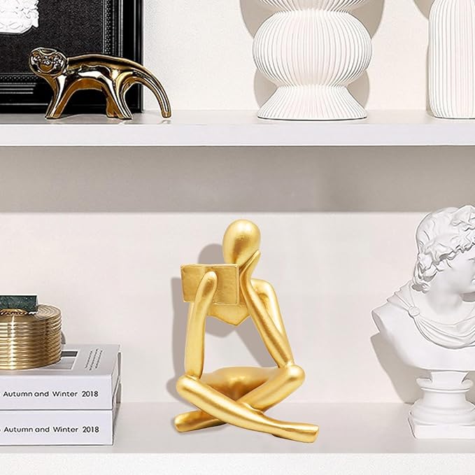 Bookshelf Decor, Golden Reading Thinker Sculpture Figurine, Coffee Table Decor, Entry Way Table Home Decor, Decorative Statue for Living Room, Office, Bedroom, Gift