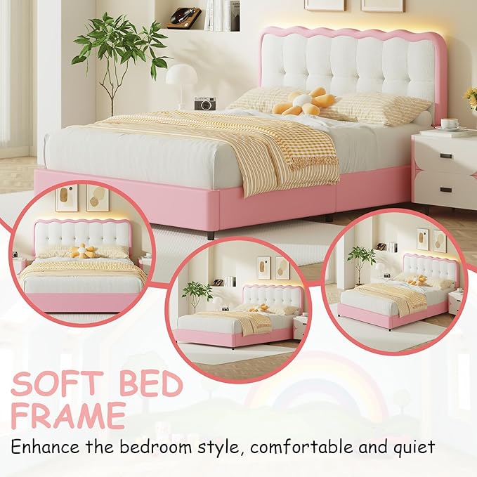 BarnFurin Queen Bed Frame with LED Lights, Queen Size Bed Frame with Headboard LED Lights, Upholstered Platform Bed with Cloud Headboard, No Box Spring Required, Easy Assembly, Pink