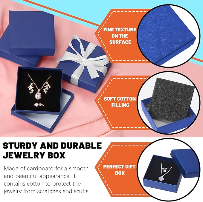 Tanstic 12Pcs Cardboard Jewelry Gift Boxes Kit, 3.5 x 3.5 x 1.2 Inch Navy Blue Gift Boxes Cardboard Jewelry Boxes with 74ft White Ribbon and Scissor for Rings, Necklaces, Earrings, Bracelets