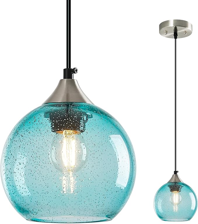 Light Blue Glass Pendant Lights Kitchen Island Globe Pendant Light Fixtures Modern Pendant Lighting for Bedroom Living Dining Room Light Fixture (5.9 in, 1 Pack)