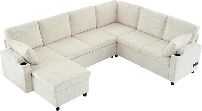 Ball & Cast 109.9" Sectional Sofa with Pull Out Bed, Chenille Upholstered Sleeper Sofa bed with Storage Chaise, Convertible U Shaped Couch with Two Cup Holders and Charging Ports for Living Room,Beige