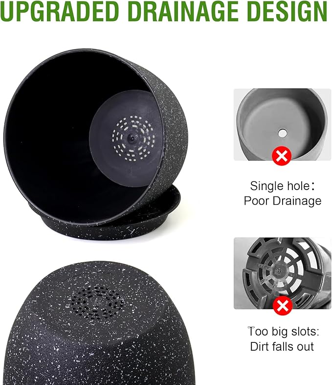 Large Flower Pots 12/10/9 inch, Set of 3 Modern Decorative Plastic Planters with Drainage Holes and Saucers for Garden House Plants, Plant Pots for Indoor Outdoor Plants, Speckled White