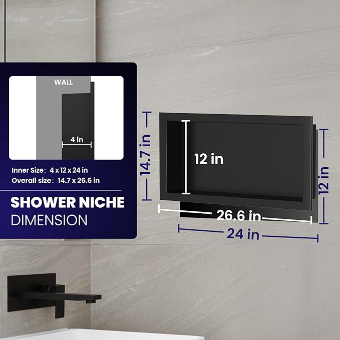 Stainless Steel Shower Niche 12" X 24",Single Shelf Niches Bathroom Shelf Recessed Wall Niche No Tile Needed Shower Shelf for Bathroom Storage (Black, 12 x 24)