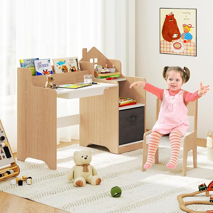Costzon Kids Desk and Chair Set, Wooden Children Multi-Activity Table with Hutch, Bookshelf, Drawer & Fabric Storage Bin, Kids Table and Chair Set for Drawing, Writing, Crafts
