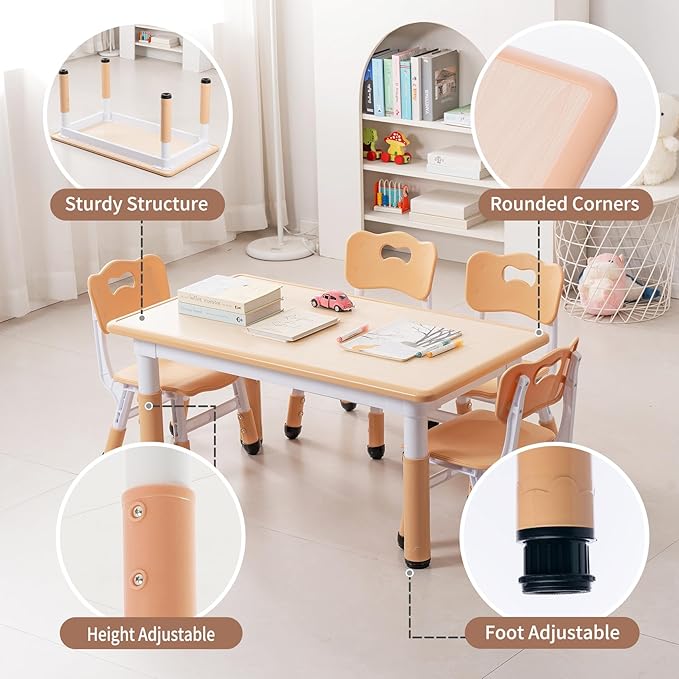 Unicoo Kids Table and Chairs Set, Height Adjustable Multi-Activity Preschool Table with Graffiti Desktop for Ages 2-8 Versatile Kids Tables for Play, Learning, and Creativity(Maple Top/Natural Border)