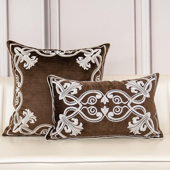 Aeckself European Floral Pillow Cover 18x18 Inch, Luxury Velvet Embroidered Decorative Throw Pillow Cover for Couch Bedroom Living Room, Brown and White