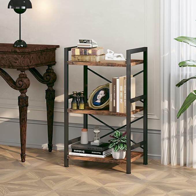 Homeiju Bookshelf, 3 Tier Industrial Bookcase, Metal Small Bookcase, Rustic Etagere Book Shelf Storage Organizer for Living Room, Bedroom, and Home Office(Rustic Brown) Patent Pending D29873033