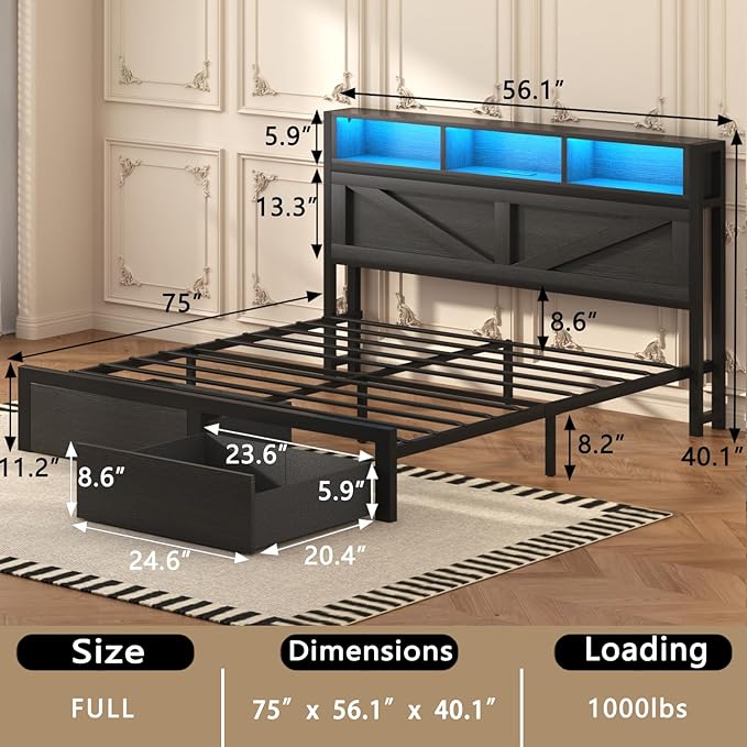 Farmhouse Full Bed Frame with Bookcase Storage Headboard, Charging Station, LED Light and 2 Storage Drawers, Noise Free, No Box Spring Needed, Black