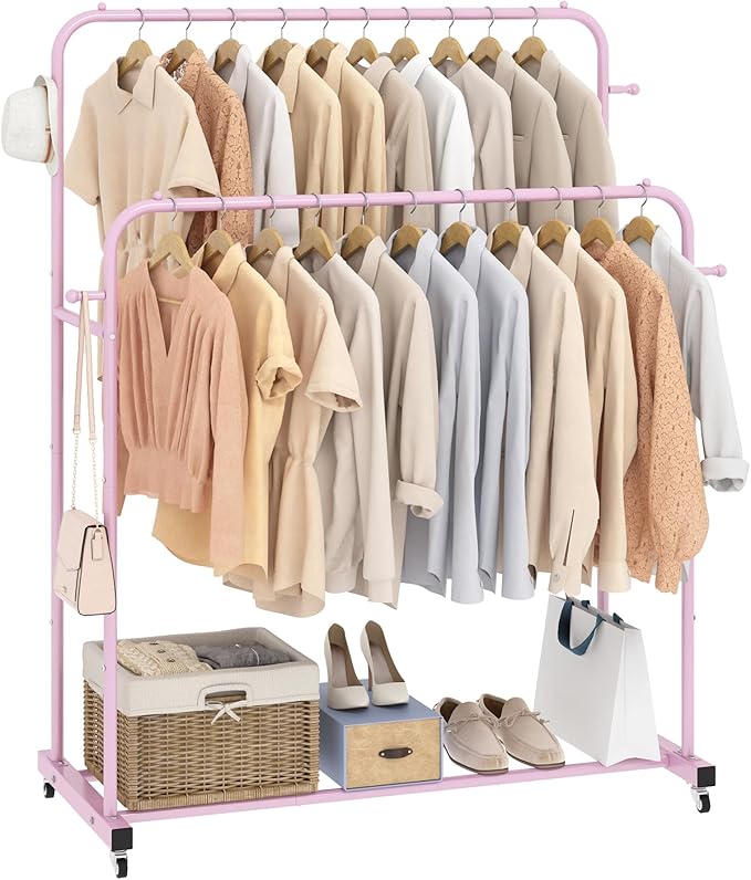 Laiensia Double Rods Garment Rack with Wheels, Clothing Rack for Hanging Clothes,4 Hooks, Multi-Functional Bedroom Clothes Rack, Pink