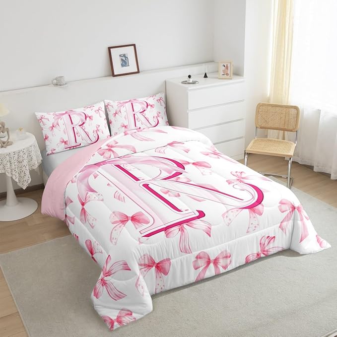 jejeloiu Kids Girls Cute Pink Bow Comforter Set Queen Size Monogrammed Bedding Set Ultra Soft Personalized Initial R Duvet Quilt Coquette Bow Knot Quilt Set Room Decor Modern Fashion Comforter