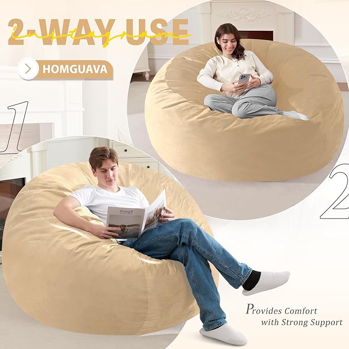 Homguava 6FT Bean Bag Chair Giant BeanBag with Memory Foam Filled, Large Bean Bag Chairs for Adults, Adult Bean Bag Chair with Dutch Velvet Cover for Living Room Bedroom-Khaki