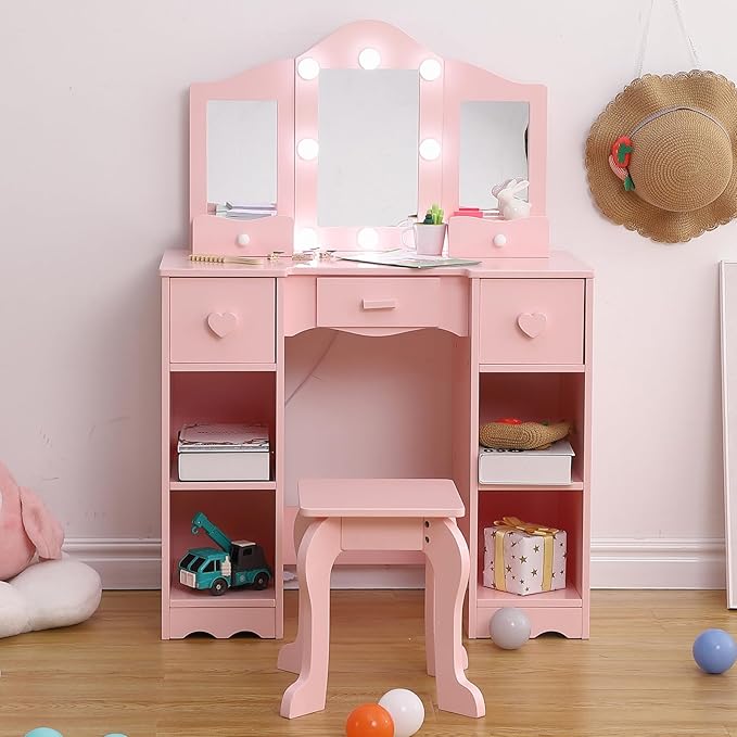 Kids Vanity Set With Mirror, 2 in-1 Wooden Toddler Vanity Table With Stool, Tri-Folding Mirror & Drawer, Princess Pretend Play Makeup Vanity Princess Makeup Desk Dressing Table for Little Girls