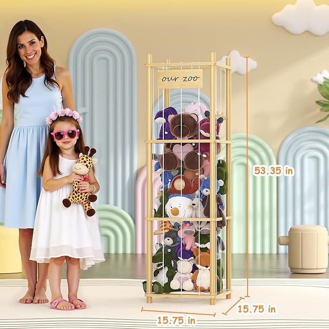 Bamboo Stuffed Animal Storage Zoo, Large Capacity Plush Toy Cage, Wood Stuffed Animals Holder for Toddler Room, Playroom, Bedroom