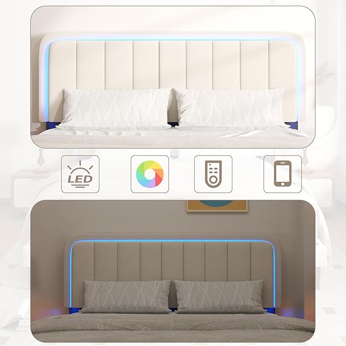 Queen Size Bed Frame with LED Lights, Upholstered Platform Bed with Adjustable Headboard, No Box Spring Needed, Noise-Free, Easy Assembly, Velvet Beige