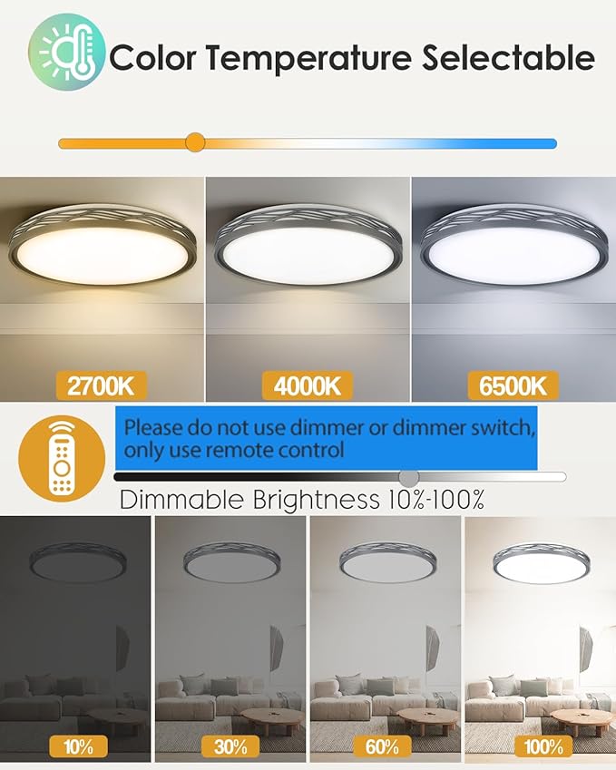 20 Inch Large LED Flush Mount Ceiling Light, 2700K-6500K Dimmable LED Ceiling Light Fixture with Remote, 70W 8900lm Round Modern Ceiling Lamp for Bedroom, Living Room, Hallway (Grey)