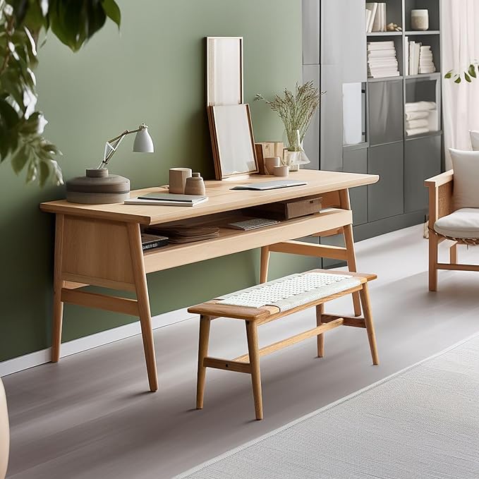 31.5'' Woven Dining Beach with 100% Solid Oak Wood Bench Frame, Hand Knitted Rope Designed Bed End Shoe Bench for Kitchen Bedroom Entryway, White