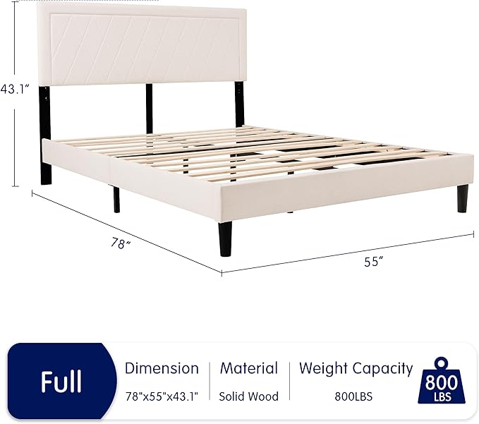 Hokway Bed Frame Upholstered Platform Bed with Headboard Wooden Slat Support No Box Spring Needed(Full, Soft Beige)
