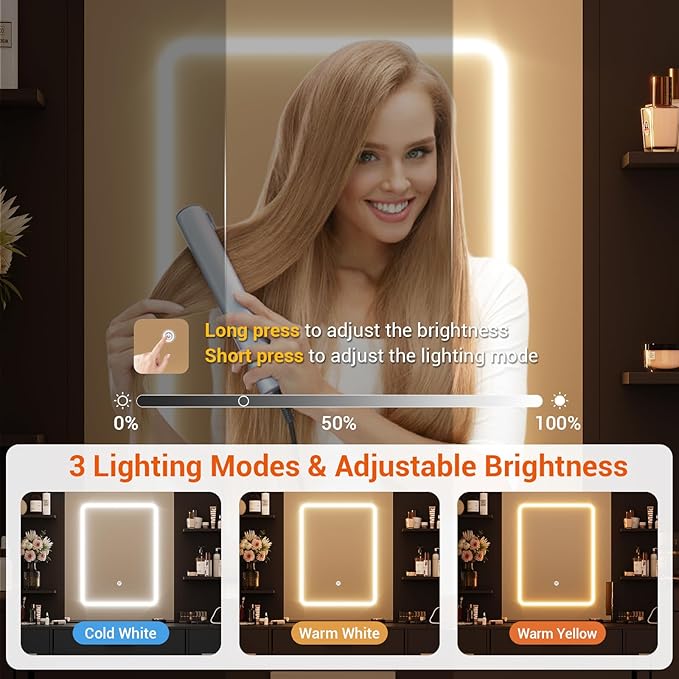 Hetoy Vanity Desk with Mirror and Lights - Makeup Vanity Desk with Chair - Dressing Table with 7 Drawers and Hair Dryer Rack for Bedroom