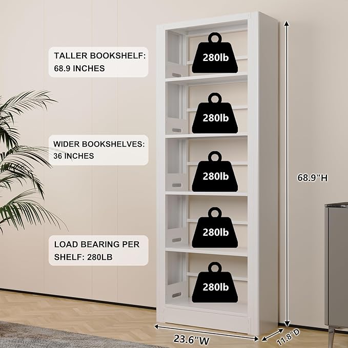 Book Shelf,5-Tier White Bookshelf, Office Bookcases and Bookshelves,Tall Metal Storage Organizer,Freestanding Bookshelf for Library,Living Room,Home Office (W:23.6")