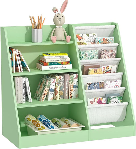 Kids Bookshelf Toddler Bookcase Children Book Rack Baby Toy Storage Organizer Child Book Display Shelf 4-Tier 5 Layer Sling Cabinet Chest Playroom Bedroom Classroom Library Green