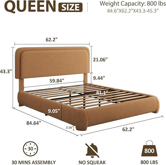 Queen Bed Frame, Teddy Velvet Boucle Bed Frame with 43.3"/45.3" Adjustable Upholstered Headboard, Rounded Corners, Mattress Foundation, No Box Spring Required, Brown