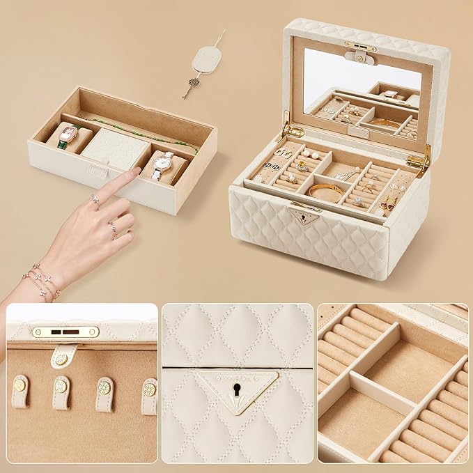 VEE&CO. Jewelry Box,Diamond Quilted Leather jewelry organizer earring holder organizer necklace organizer 2-Layer Jewelry Case with Drawers, with Key Lock,gifts for women (beige, Medium)