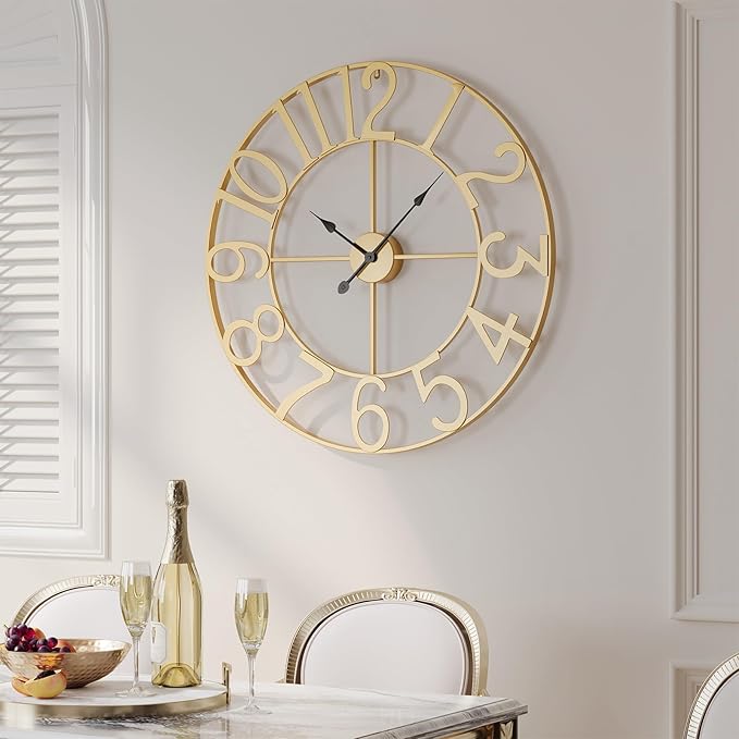 Large Wall Clock, 20 Inch Gold Decorative Wall Clocks Battery-Operated, Modern Metal Round Clock Silent Non Ticking Arabic Numerals for Living Room Kitchen Mantel Office Decor