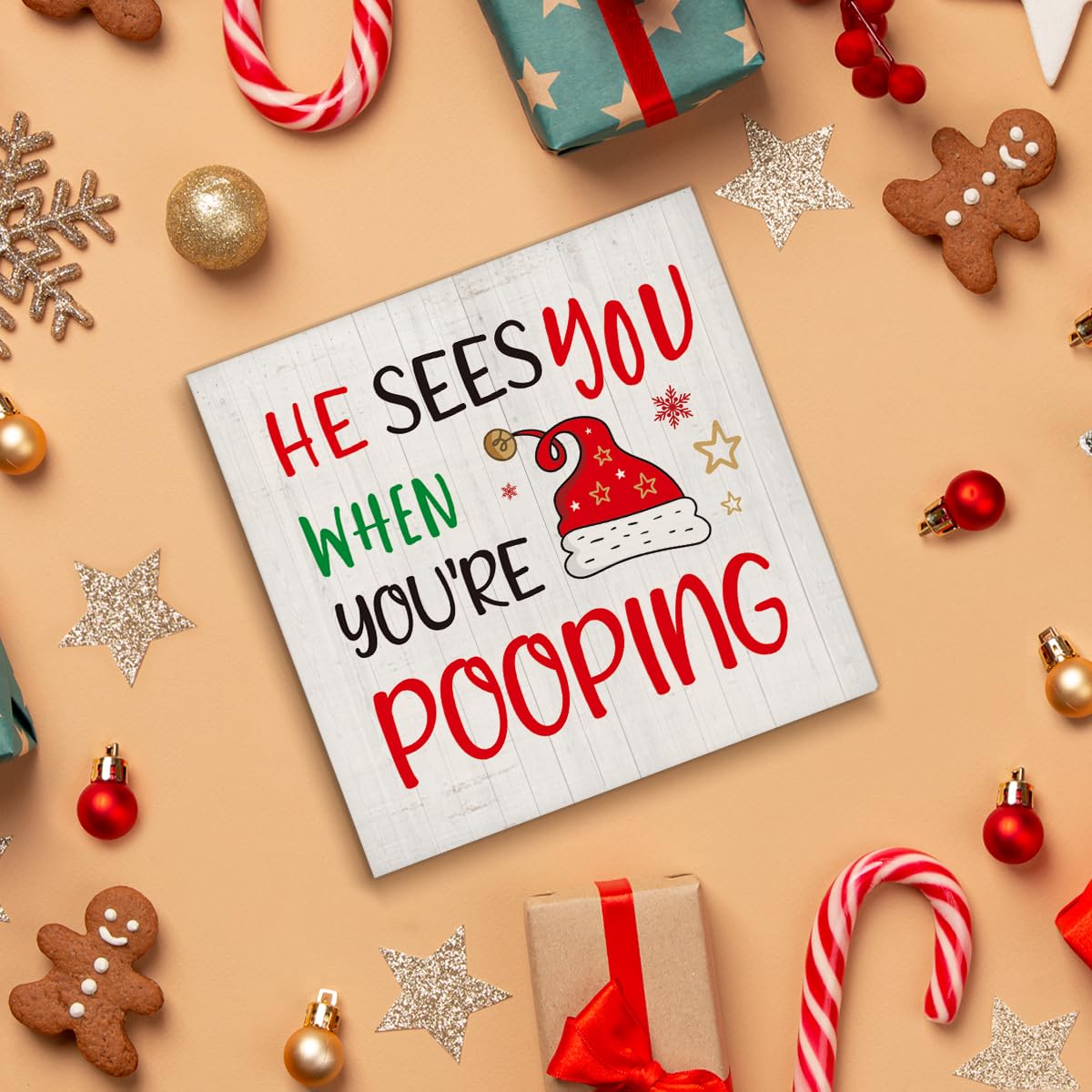 Christmas Bathroom Decorations - Funny Christmas Decor, He Sees You When You're Pooping Bathroom Wooden Sign, Home Decor for Desk Table Shelf 5 X 5 Inches