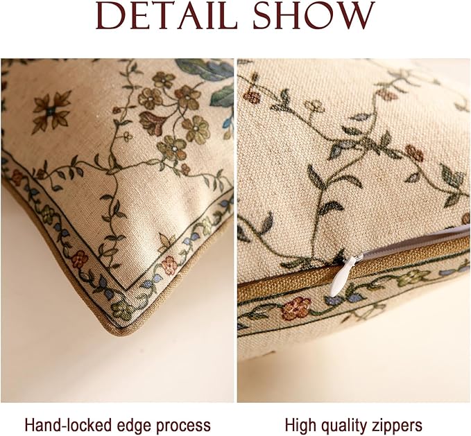patdrea Designer Throw Pillow Covers Set of 2,Square Euro Retro Style Light Brown Linen with Floral Pattern Pillow Cover,Decorative Pillowcases Cushion for Bed Living Room Outdoor Car,18"x18"