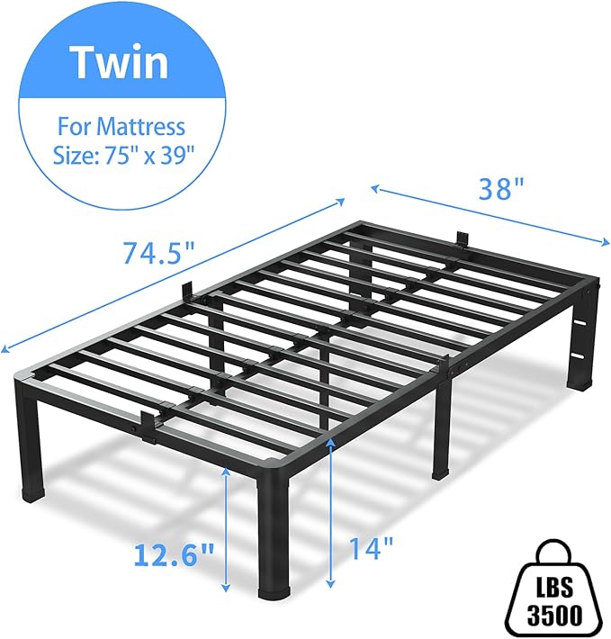 14 Inch Twin Size Bed Frame, 3500Lbs Heavy Duty Metal Platform with Round Corner Legs Mattress Slide Stopper, Steel Slat Support No Box Spring Needed, Noise Free, Non-Slip, Easy Assembly