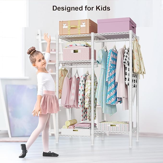 Ulif F1 Garment Rack for Kids, Baby, Students, and Children's Room, 4 Tiers Freestanding and Portable Heavy Duty Closets, Small Metal Clothes Rack with 2 Hanging Rod, 31.2" W x 11.8" D x 48" H, White