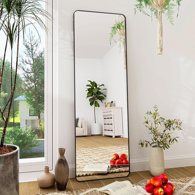 BEAUTYPEAK 59"x16" Mirror Full Length, Standing or Leaning Rounded Corner Full Body Floor Mirror with Metal Framed,Suitable for Living Room or Bathroom,Black