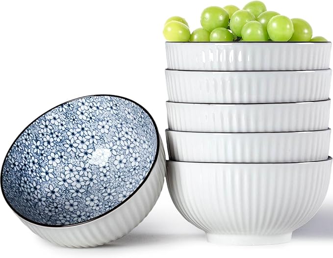 QINLANG 6 Inch Blue and White Porcelain 30 oz Bowls Set of 6 for Soup, Cereal, desserts, ice cream and Rice - Floral Pattern