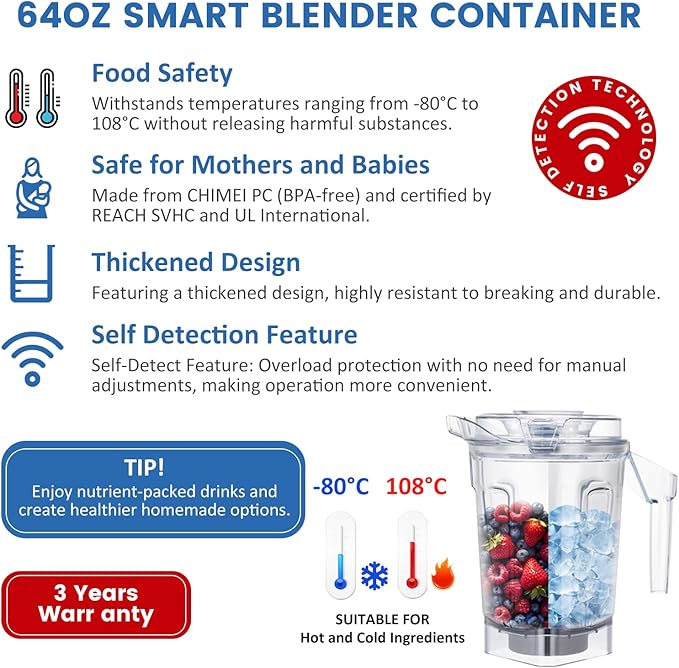 Compatible with vitamix Ascent 64oz Container, Replace Venturist V1200 A3500 A3300 A2500 A2300 X2 X3 X4 X5 VM0185 VM0185A VM0185B Self Detect Containers, 64oz. Low-Profile Container Jar Cup
