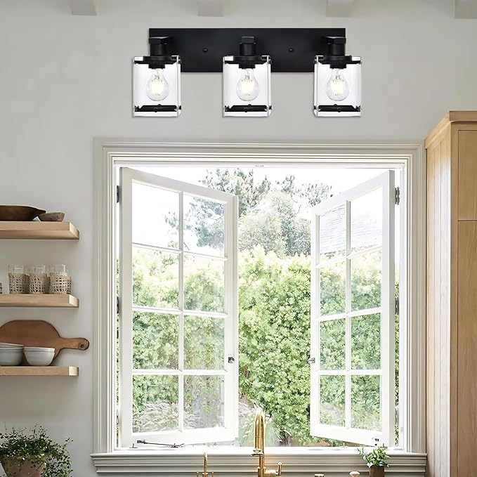 3-Light Black Bathroom Light Fixture Over Mirror, Vanity Wall Lighting with Rectangular Clear Glass, E26 Bulb Base