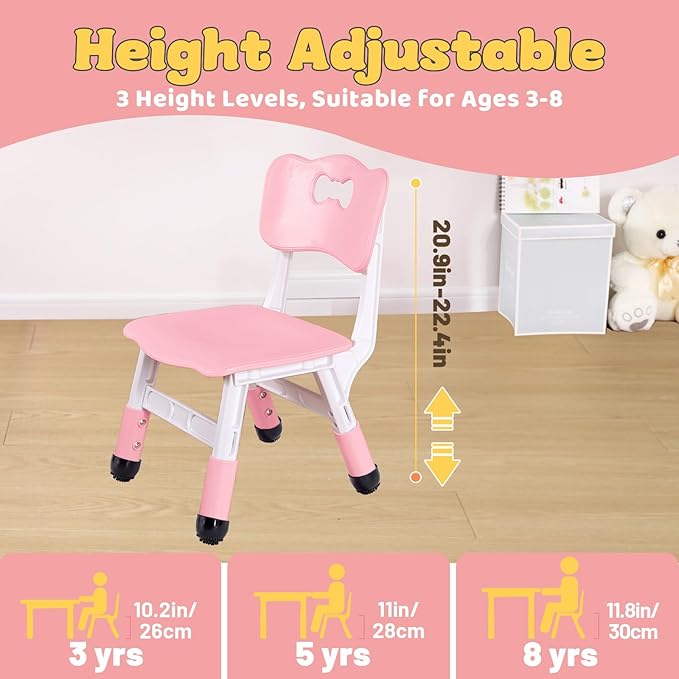 FUNLIO Adjustable Kids Chair (2pcs), 3 Level Height Adjustable Toddler Chair for Ages 3-8, Sturdy Child Chair with Maximum Bearing 220lbs, for Classrooms/Daycares/Homes, CPC & CE Approved - Pink