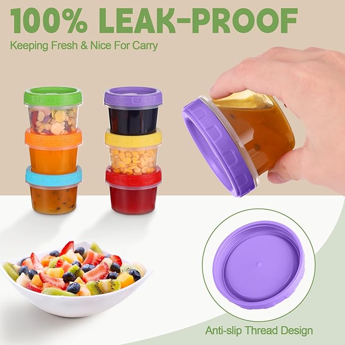 4 oz Small Plastic Containers with Lids, 6 Pack Stackable Small Freezer Containers, Reusable 1/2 Cup Food Containers for Snack Puree Fruit, with Pen and Brush, Microwave & Dishwasher Safe