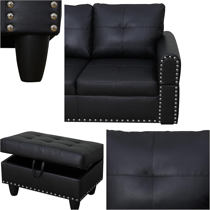Leather 3-Piece L-Shaped Couches for Living Room, Sectional Sofa with Storage Ottoman & Movable Chaise, Modular Convertible Couch for Bedroom & Apartment, Deep Black