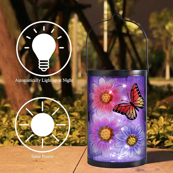 Hanging Solar Lantern Outdoor Waterproof Flowers Butterfly Solar Lights Glass Tabletop Decorative Lamp for Outdoor Patio Garden Outside Yard Decor