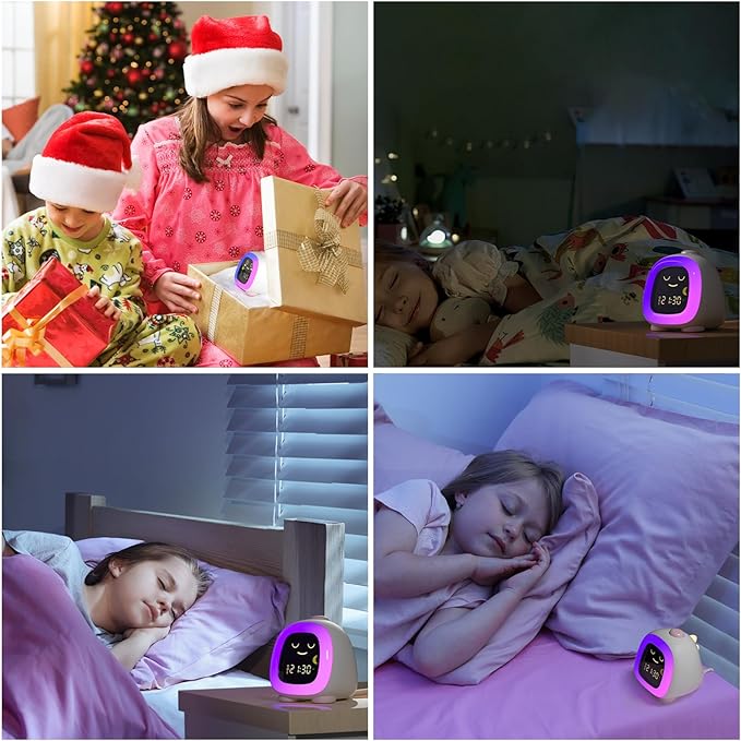 Cute Kids Clock, Night Light for Kids with Snooze Mode Sleep Timer Dual Alarm Sleep Training 3 Brightness 10 Color Night Light Adjustable Volume Memory Battery, Ok to Wake Clock for Kids