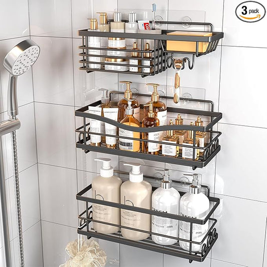 Shower Caddy, 3 Pack Large Capacity Bathroom Organizers and Storage, No Drilling Adhesive Rustproof Shelves with Soap Holder, Home Decor, Black