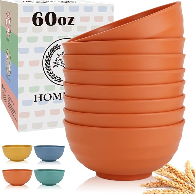 Homienly 60 OZ Large Salad Bowls,Wheat Straw Bowls Set of 8,Large Serving Bowl for Wedding Parties, Microwave and Dishwasher Safe Bowl for Salad,Soup,Big Bowls for Kitchen-Orange