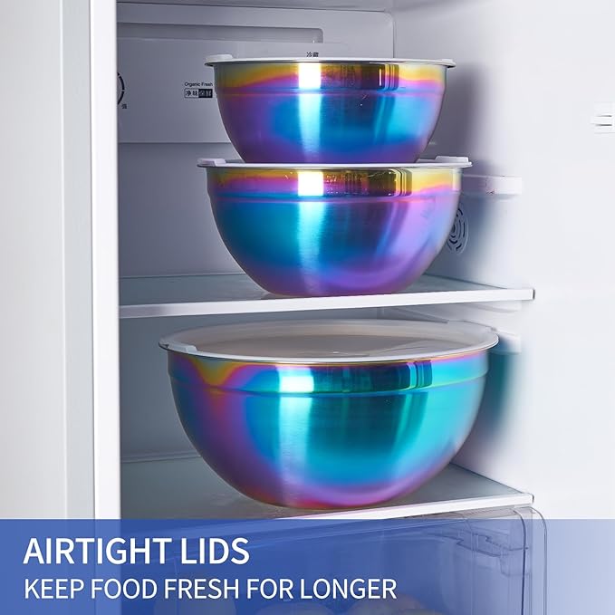 Rainbow Mixing Bowls With Airtight Lids,Stainless Steel Bowl,Salad Bowls 7 Piece Colorful Nesting Bowl Rainbow Kitchen Accessories,Size 7,3.6,2.7,2.1,1.5,1.1,0.8QT Stackable Design