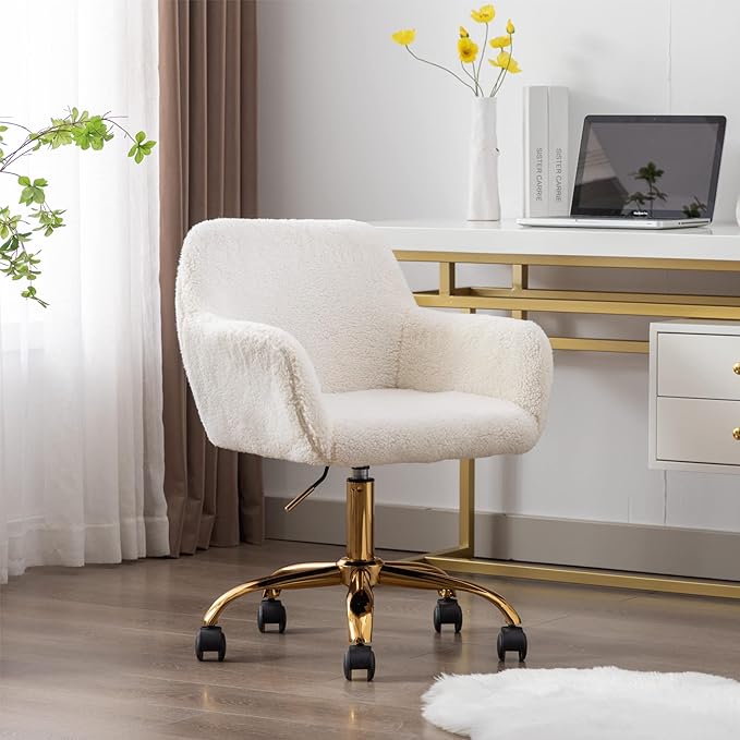 Goujxcy Fluffy Desk Chair, White Faux Fur Vanity Chair Swivel Office Chair for Girls Women, Height Adjustable Cute Teddy Furry Makeup Chairs for Bedroom Home Office