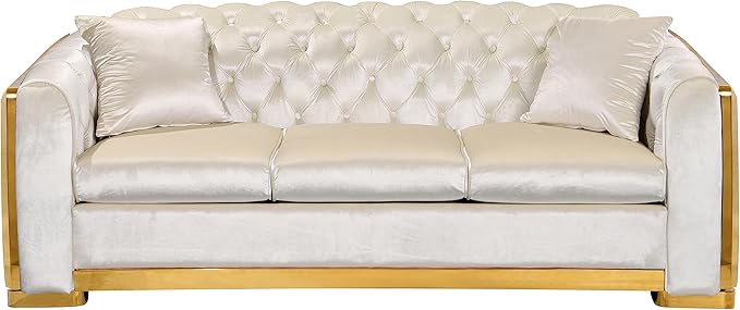 KEIKI 81" Luxury Oversized Velvet Chesterfield Sofa with Gold Stainless Decoration, Mid-Century Style 3-Seater Couch with Tufted Back and Rolled Arms, Easy Assembly, for Apartment, Living Room, Beige