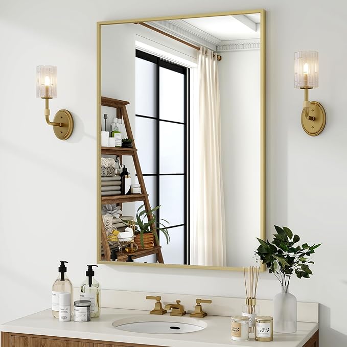 HARRITPURE 24"x36" Framed Bathroom Mirror for Wall Rectangle Mirror Aluminum Alloy Frame Wall-Mounted for Farmhouse Entryway Bedroom Living Room Gold