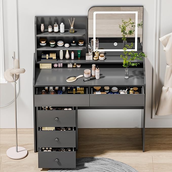 Makeup Vanity Desk with LED Mirror & Movable Storage Cabinet, 3-Tier Open Shelves, 5 Drawers, Adjustable 3-Color Lighting for Bedroom