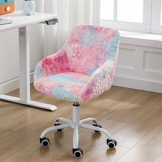 Kids Desk Chair Cute Swivel Reading Chair, Upholstered Adjustable Faux Fur Study Chair with White Wheels for Reading Room Bedroom, Colorful
